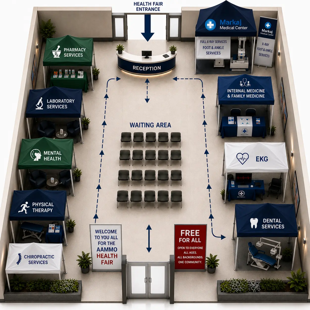 AAMMO Health Fair floor plan showing pharmacy, laboratory, mental health, physical therapy, chiropractic, foot and ankle, internal medicine, EKG and dental services