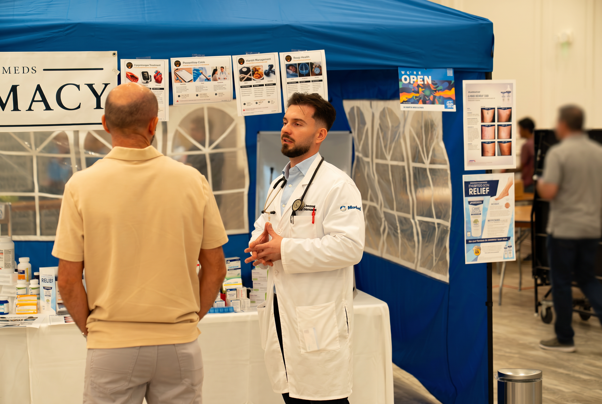 A pharmacist discussing preventive care at the pharmacy station